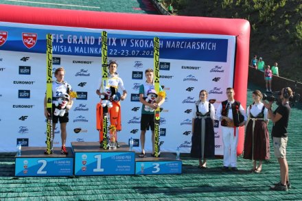 Najlepsi zawodnicy konkursu indywidualnego na podium: Anders Fannemel, Maciej Kot i Andreas Wellinger (od lewej)