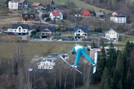 Skoczek na tle zabudowań w Malince