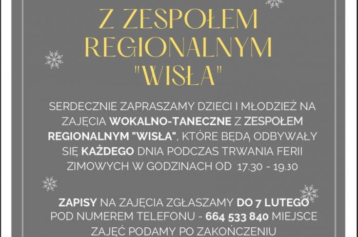 Plakat z informacjami na temat ferii z zespołem regionalnym.