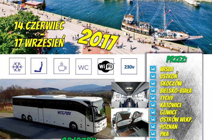 Plakat promujący kursy autobusowe do Kołobrzegu