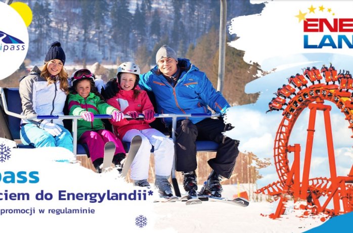 Plakat promujący współpracę Wiślańskiego Skipassu i Energylandii