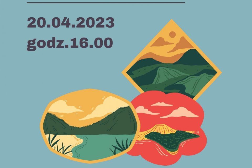 plakat z figurami geometrycznymi, w środku figur krajobrazy