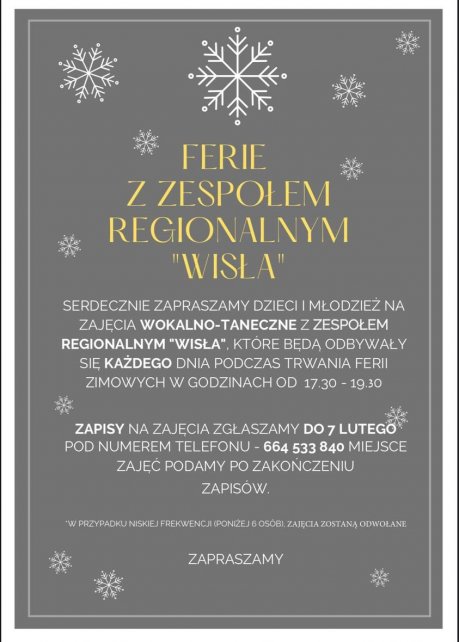 Plakat z informacjami na temat ferii z zespołem regionalnym.