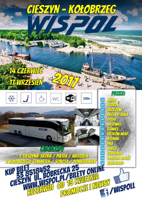 Plakat promujący kursy autobusowe do Kołobrzegu